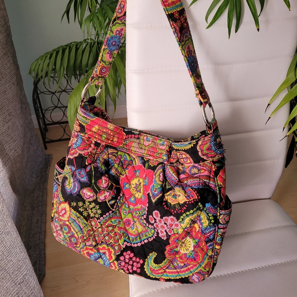Vera Bradley Black Multicolor Floral Quilted Hobo Bag
